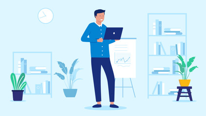Leinwandbilder - Man with laptop smiling - Business person standing indoors in office holding laptop in hands, smiling and working alone. Flat design vector illustration with blue background
