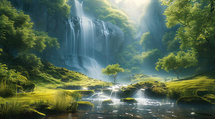 Wall Mural - A deep forest morning lighting , waterfall, mountain, mythological. Generative AI.