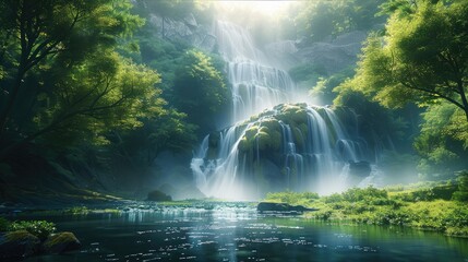 Wall Mural - A deep forest morning lighting , waterfall, mountain, mythological. Generative AI.