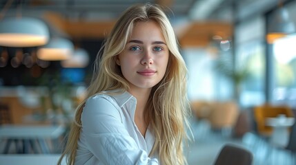 Wall Mural - Blonde girl at the table in the office. Generative AI.