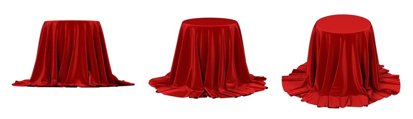 red silk tablecloth cover on round pedestal isolated