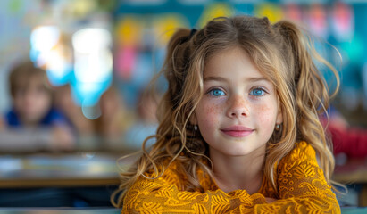 Wall Mural - A young girl with blue eyes and blonde hair is sitting at a desk in a classroom