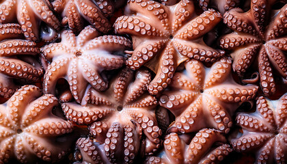 Freshly caught octopus lie next to each other in a symmetrical pattern as a background.