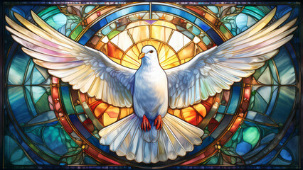 A white dove, symbolizing peace, hope and the Holy Spirit, against the background of a beautiful, colorful church stained glass window. 4K wallpaper