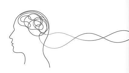 a continuous line drawing of intertwined thoughts, exploring the intricacies of the human mind gener