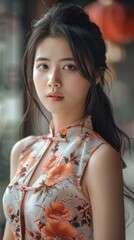 Canvas Print - Beautiful young Chinese beauty wearing sleeveless solid color cheongsam, good temperament, long black hair. Generative AI.