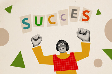 Canvas Print - Composite artwork collage image picture of girl raise fists success isolated on creative background