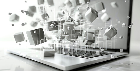 Aufkleber - White background.digital. five white large clear blocks popping out of the laptop display. Generative AI.