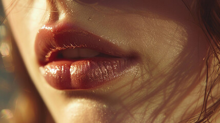 Close-up of a girl's lips with a hint of gloss applied over lipstick, capturing the shine and detailed texture