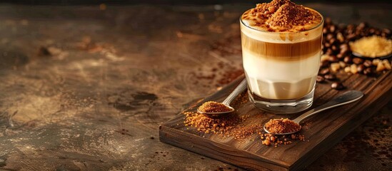 Aufkleber - A latte glass with a spoon rests next to a wooden board displaying Dalgona coffee ingredients like brown sugar instant coffee and milk with a copy space image
