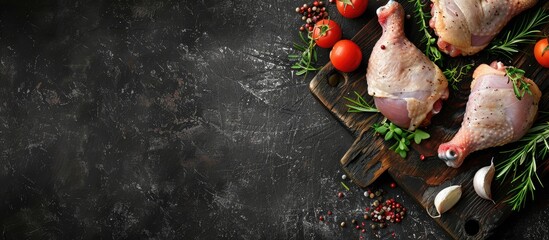Poster - Raw chicken thighs and legs on a rustic table a potential meal or snack with a food background and ample copy space in the top view image