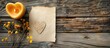 © HN Works - Wedding greeting card with a rustic background featuring a blank note a yellow decorative heart a lit aroma candle and dry flowers perfect for copy space image