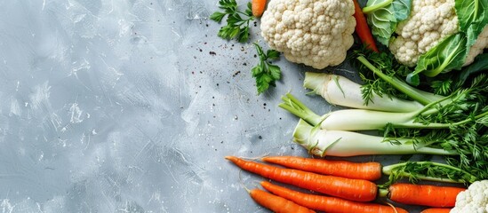 Sticker - Nutritious organic vegetables featuring cauliflower and carrots perfect for backgrounds and health related ideas with copy space image