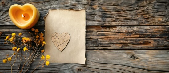 Fototapete - Wedding greeting card with a rustic background featuring a blank note a yellow decorative heart a lit aroma candle and dry flowers perfect for copy space image