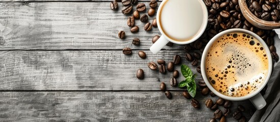 Aufkleber - Flatlay view of coffee beans and milk coffee in cup on wooden bricks backdrop with copy space image