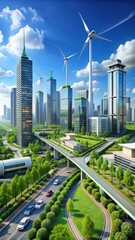 Wall Mural - A futuristic city featuring eco-friendly transportation systems, green roofs, and wind turbines, showcasing innovative urban planning and sustainability for a forward-thinking urban environment.