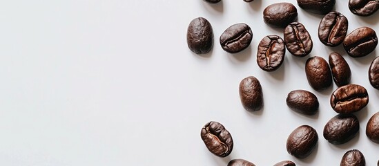 Poster - Roasted coffee beans displayed against a soft white backdrop are a tempting sight for coffee aficionados in this copy space image