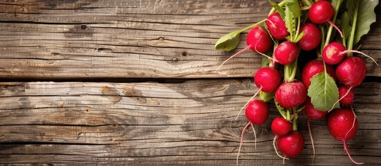 Aufkleber - Fresh red radishes on a wooden background with ample copy space for custom text or images