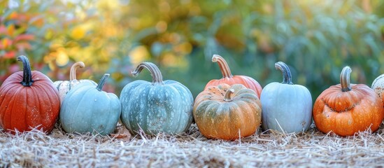 Poster - Row of multicolored autumn pumpkins displayed on straw in a fall harvest scene with copy space image