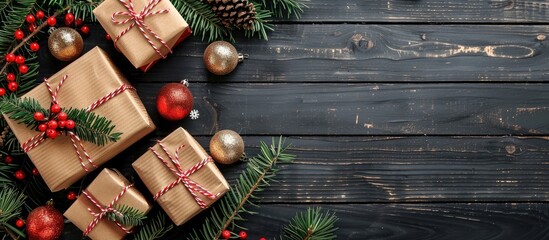 Poster - Festive boxes adorned with gifts and Christmas ornaments conveying a joyful New Year theme with copy space image