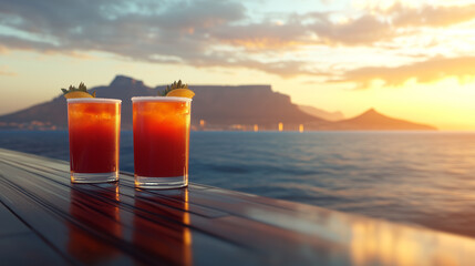 Surreal View: 2 Cocktails with Table Mountain Background, Ultra Realistic 4k Photo