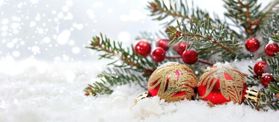 Fototapete - A holiday themed image with red and gold decorations a snowy fir tree branch all on a white background offering ample space for text or graphics