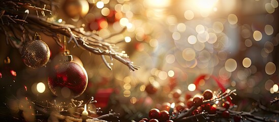 Leinwandbilder - Soft focus enhances the festive ambiance of a Christmas themed setting adorned with branches and toys creating an ideal copy space image