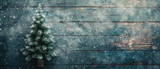 Canvas Print - Grunge style toned Christmas fir tree on a dark wooden board with copy space image