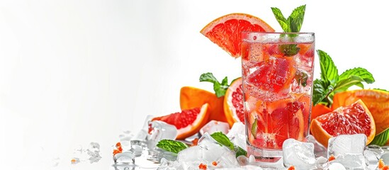 Aufkleber - Red drink with ice grapefruit and mint on a white background suitable for including text or design in the empty area. Creative banner. Copyspace image
