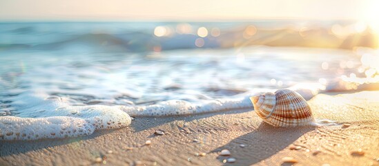 Aufkleber - Seashell on sandy beach with waves and sunlight in background Creative set up for text Reflects vacation idea Copy space image