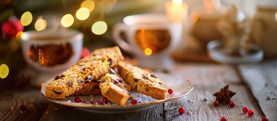 Poster - A food image with biscotti placed on the table for tea with selective focus creating a visually appealing copy space image