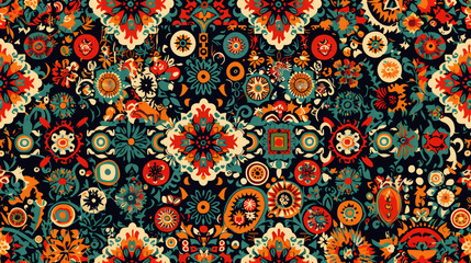 Poster - Seamless vector pattern with vibrant floral and geometric elements on a dark background