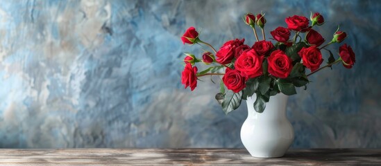 Poster - A red rose bouquet in a white vase on a wooden table with a copy space image