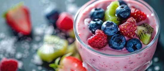 Poster - Enjoy a nutritious breakfast featuring strawberry yogurt topped with blueberries kiwi slices and sugar glass set against a background of copy space image