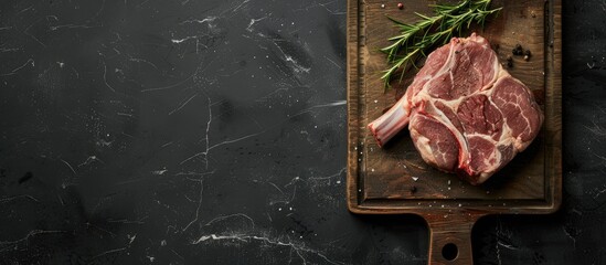 Poster - Copy space image of a raw pork knuckle or hoof on a cutting board with feet set against a black background in a top view