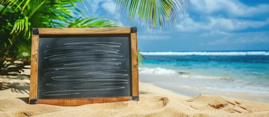 Fototapete - Empty chalkboard on the sandy shore with copy space image