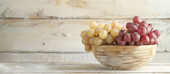 Wooden bowl filled with white and red grapes on a white wood table background with space for copying an image