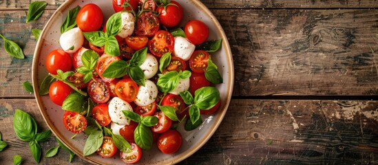 Top view of a plate with caprese salad a classic Italian dish featuring cherry tomatoes fresh mozzarella and basil leaves on a rustic wooden table with copy space image