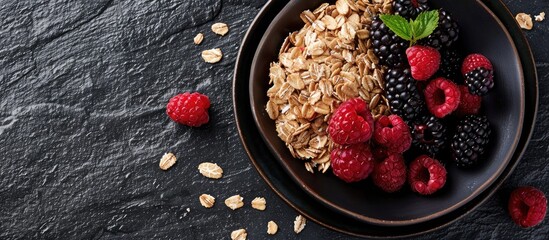 Aufkleber - Fresh granola oatmeal with blackberries and raspberries beautifully arranged on a black slate background with copy space image