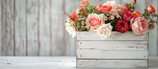 Poster - Mothers Day themed floral arrangement in a white wooden box featuring ample copy space image