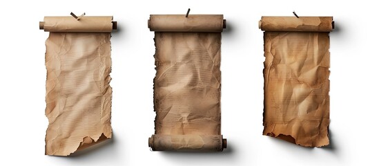 Fototapete - Vertical banners set featuring an old parchment paper scroll isolated on white with a shadow allowing for copy space image inclusion