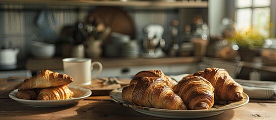 Sticker - In the kitchen there is a plate with freshly baked croissants creating a cozy scene with a rustic feel ready for a copy space image