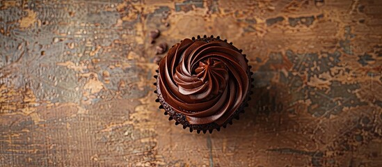 Poster - Rustic top view of a chocolate cupcake on a table with copy space image for a delightful meal or snack