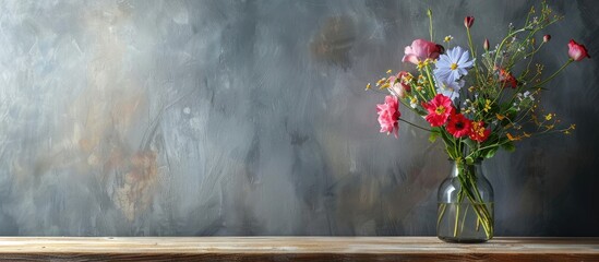 Poster - Lovely arrangement of fresh flowers displayed on a wooden table against a grey wall with a designated space for inserting text like a copy space image