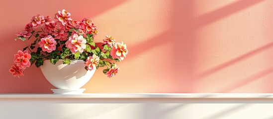 Aufkleber - Lovely begonia flowers displayed on a shelf near a bright bedroom wall with copy space image
