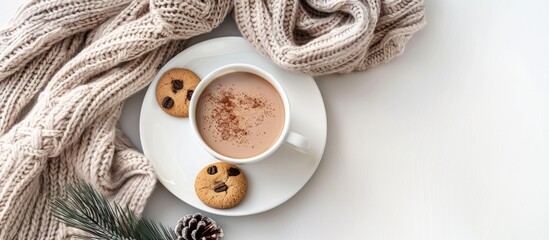 Aufkleber - A knitted scarf cocoa cookies on a white plate and a white table are showcased in the copy space image