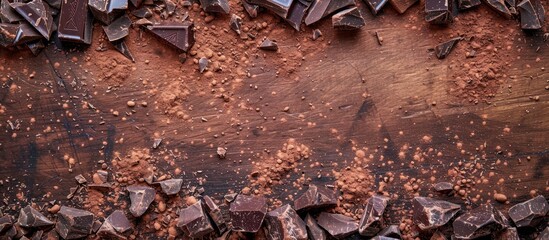 Fototapete - An image of shattered chocolate bits and cocoa powder on a wooden surface seen from above with a blank area for additional content in the frame