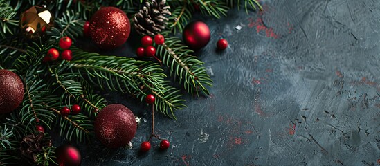 Poster - Festive decorations like Christmas ornaments and evergreen branches arranged on a table with a styled copy space image