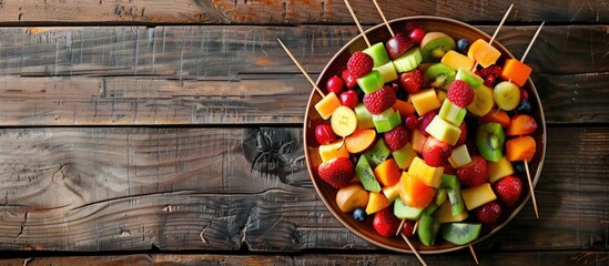 Aufkleber - Top view of a plate with skewered fresh fruits on a wooden table with ample copy space image
