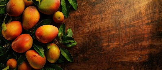 Poster - Top view of tropical fruits like mango on a wooden backdrop with copy space image